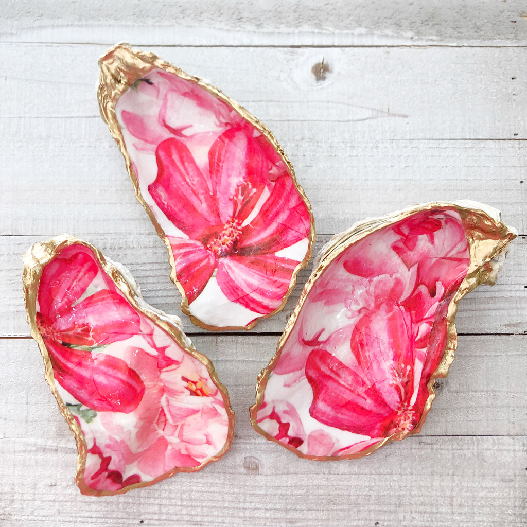 Bright Pink Flowers Oyster Shell Ring Dish