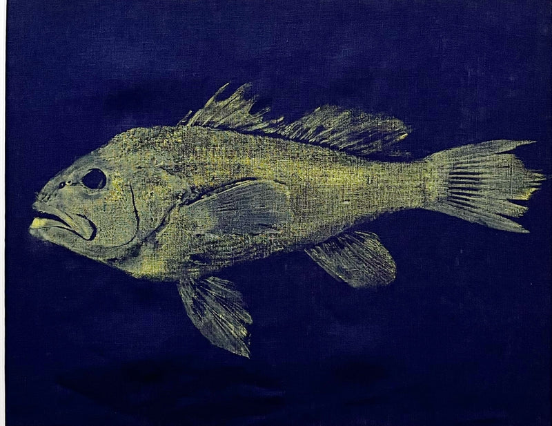 Original Gyotaku Sea Bass on Navy Linen